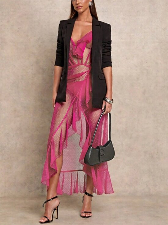 Dresses & Skirts - Hot Pink Elegant Mesh Polka Dot Women's Spaghetti Strap Ruffle Hem Sheer Dress
